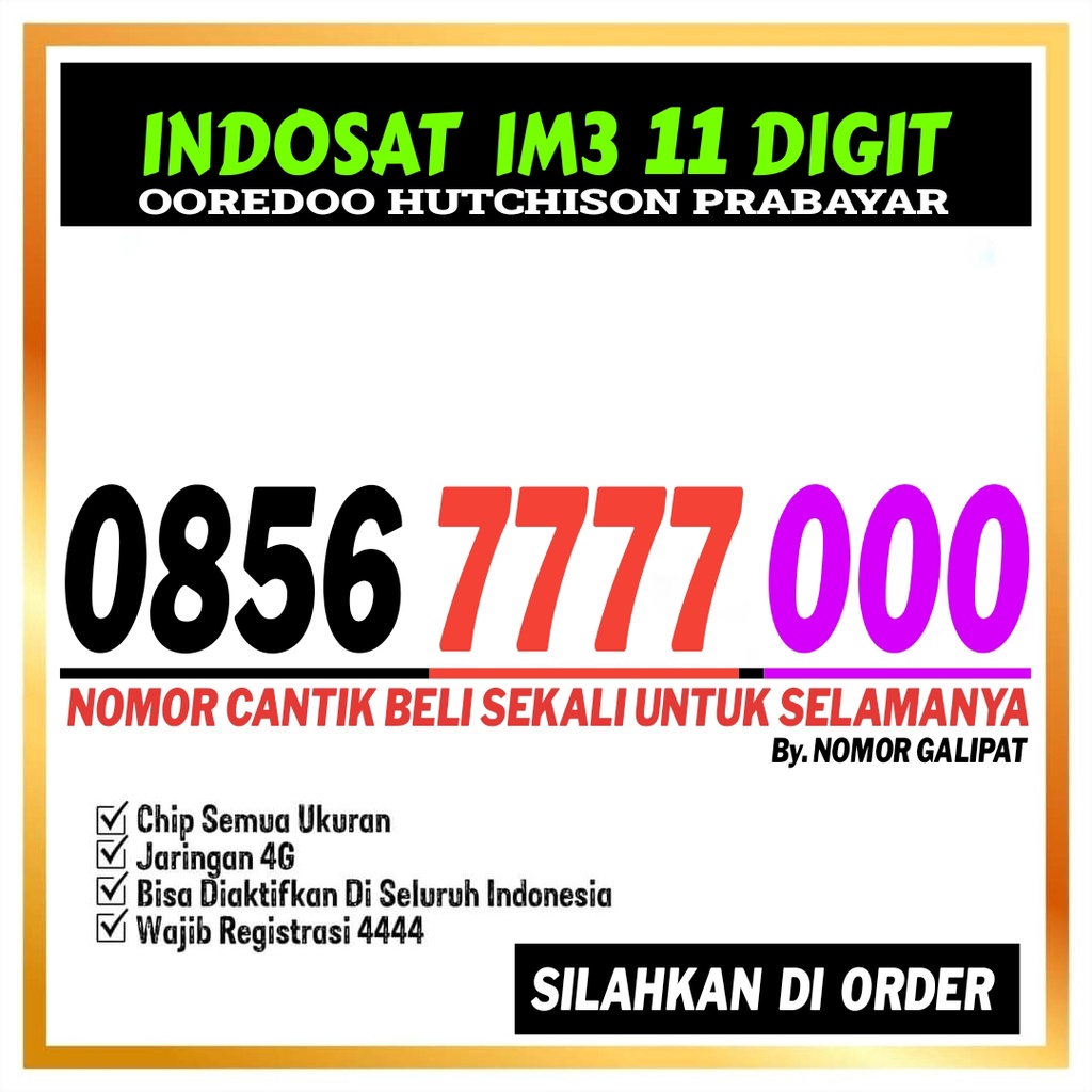 NOMOR CANTIK INDOSAT IM3 11 DIGIT SERI KWARTET TRIPLE RAPI 7777 000, 66666777