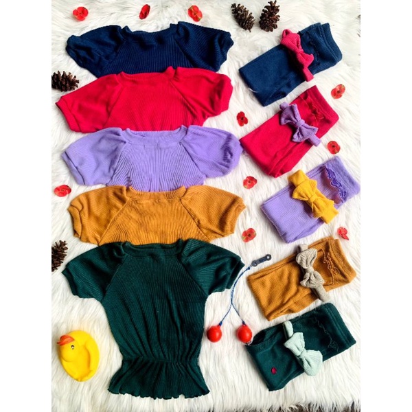 Baju One Set Anak Perempuan FIONA Lengan Balon Bloom Ruffle Knit Tee 1-5 Tahun