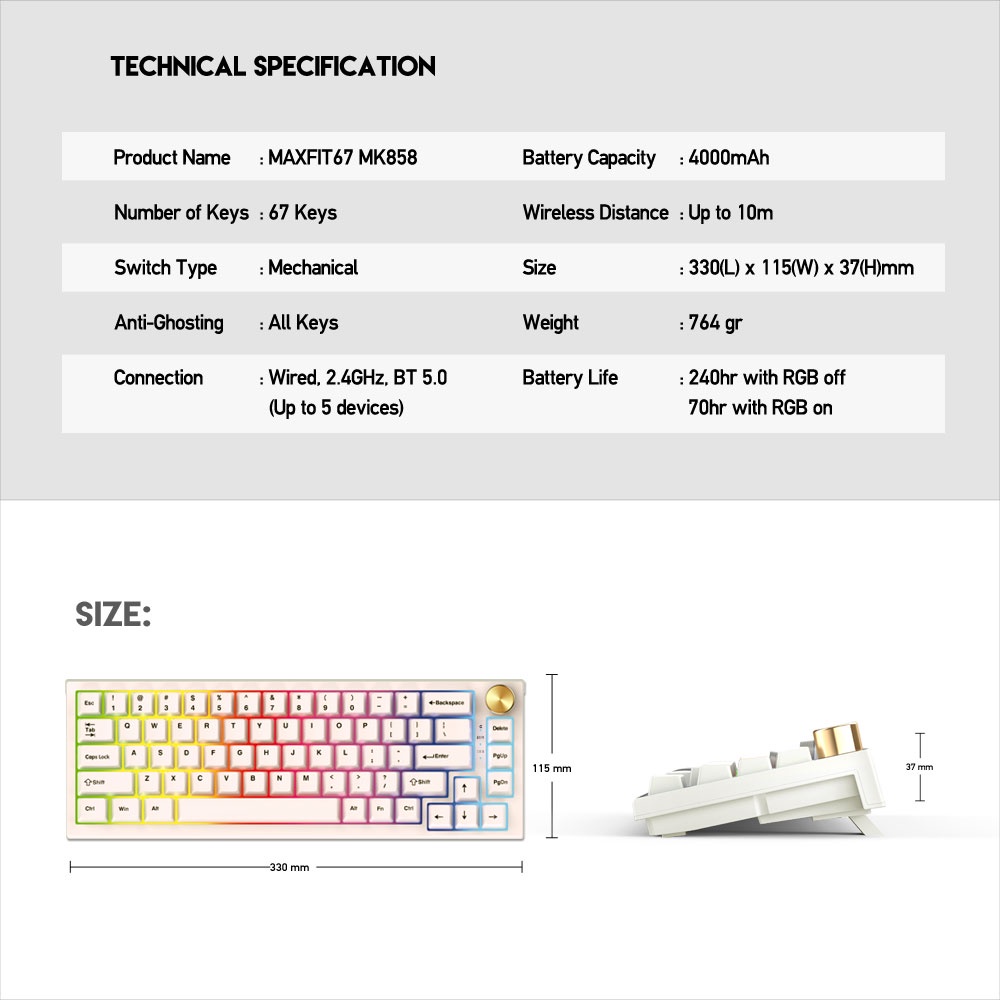 Keyboard Fantech MK858 Maxfit67 65% Wireless Mechanical RGB - White