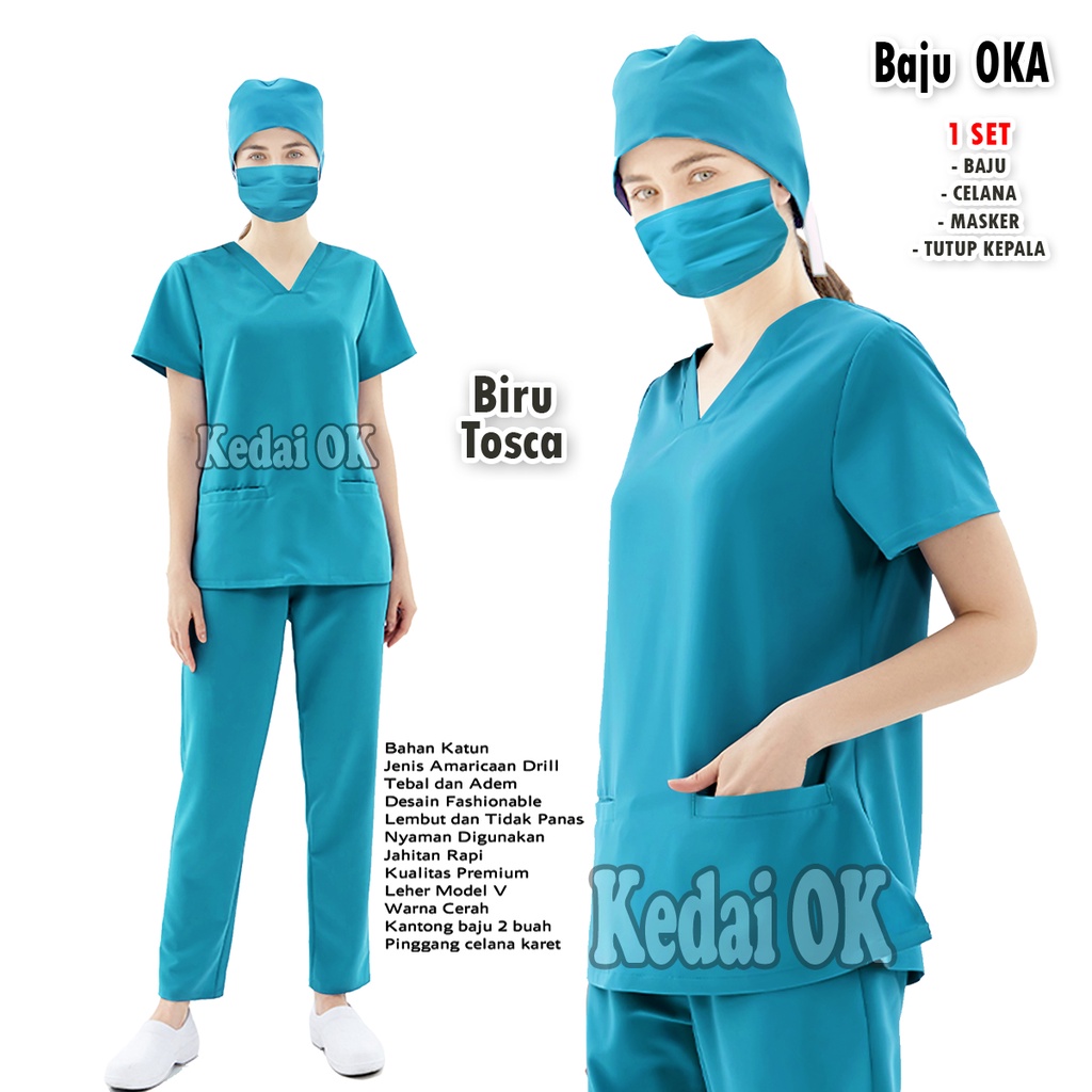 Jual Baju Oka Perawat Medis Lengan Pendek - Seragam OK Scrub Dokter - Bidan - Bahan American Drill