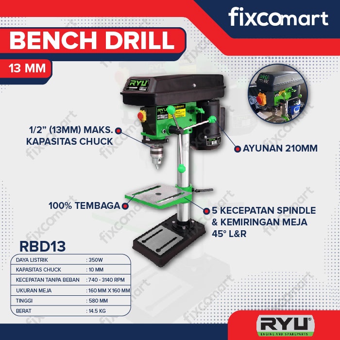 Ryu Bench Drill Rbd 13 / Mesin Bor Duduk 350 W / Mesin Bor Besi