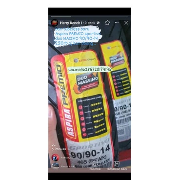 Ban Depan Aspira Premio Sportivo Tubeless 90/80-17 untuk Honda CB 150R, Supra GTR 150, Yamaha V-Ixio