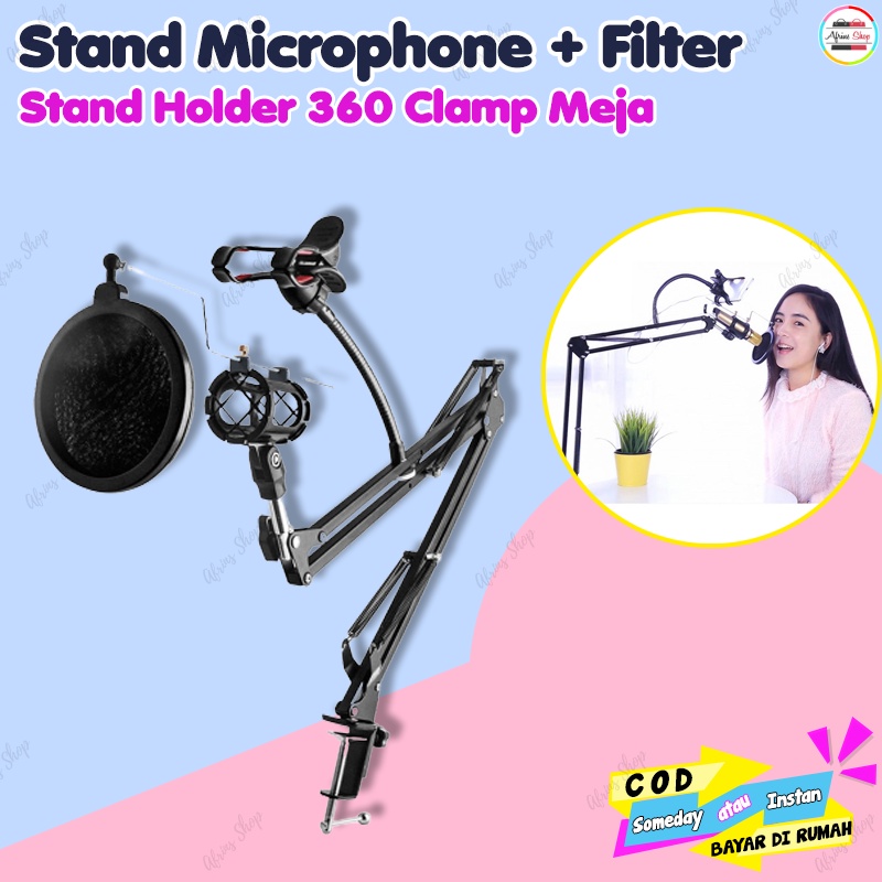 Set Stand Microphone Podcast + Holder Hp + Pop Filter