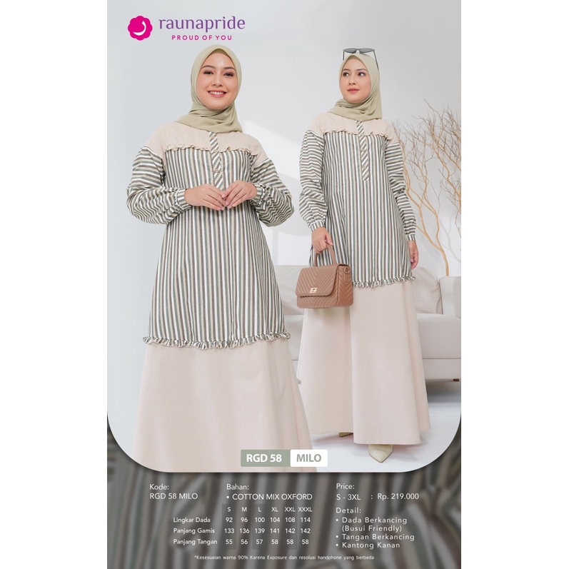 Rauna-RGD 58 Milo Cotton Mix Oxford Gamis Dewasa Kombinasi Polos Motif Salur Garis Simpel Busui