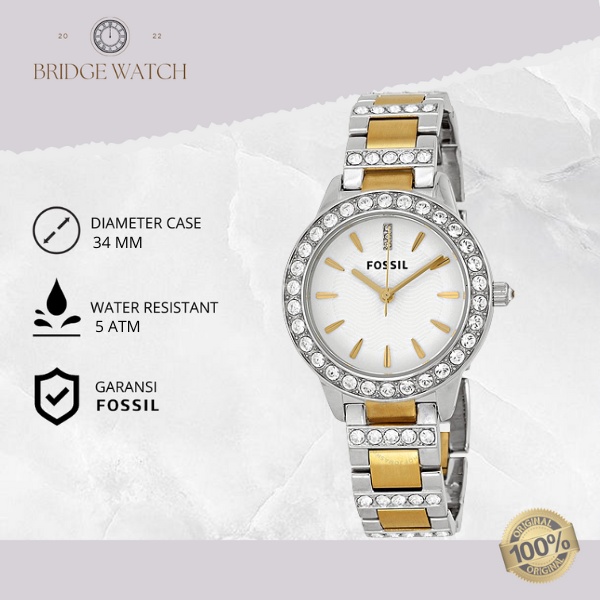 Jam Tangan Wanita Fossil Jesse Two-Tone Pearl ES2409 Original Analog White Stone-Studded Dial Silver