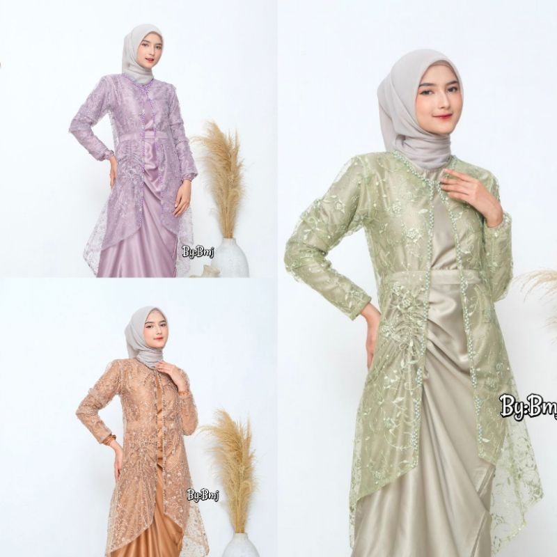 Dress Nia Rompi Gamis Set 2 in 1 Gamis Serut Velvet Kombinasi Outer Cardigan Brokat Payet Mutiara Si