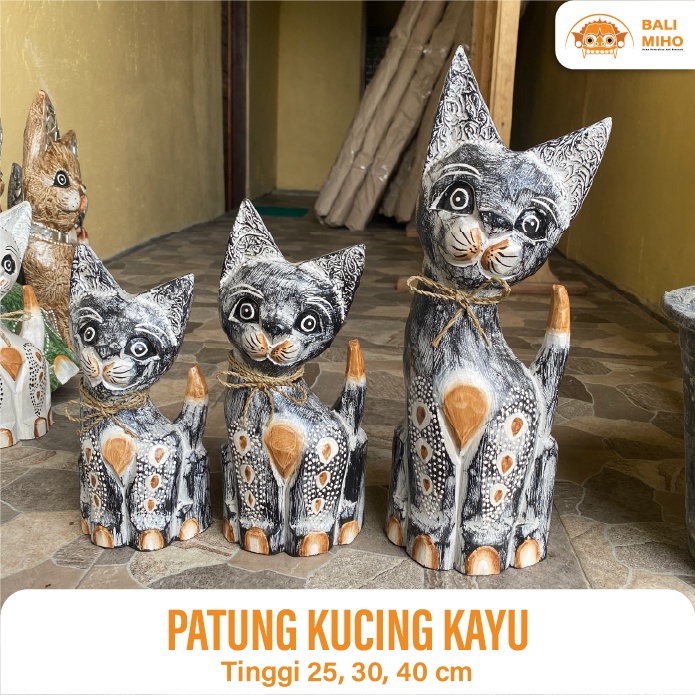 Patung Kucing memakai Pita 1 set 40 cm, 30 cm, 25 cm - Patung Kucing Kayu - Pajangan Kucing - Patung