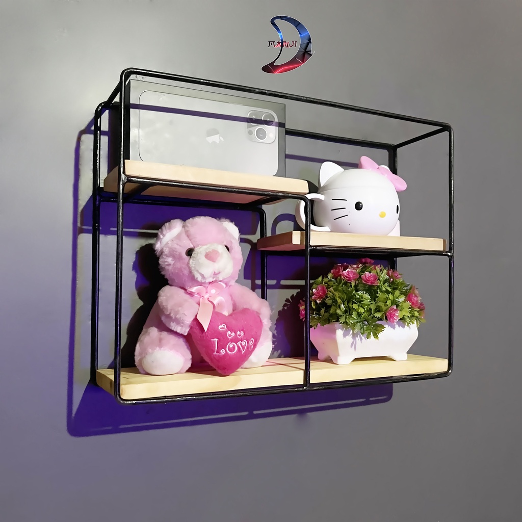 Rak Dinding Besi Ambalan | Rak Gantung Dekorasi Dinding Minimalis | Rak dinding kayu jati belanda | 