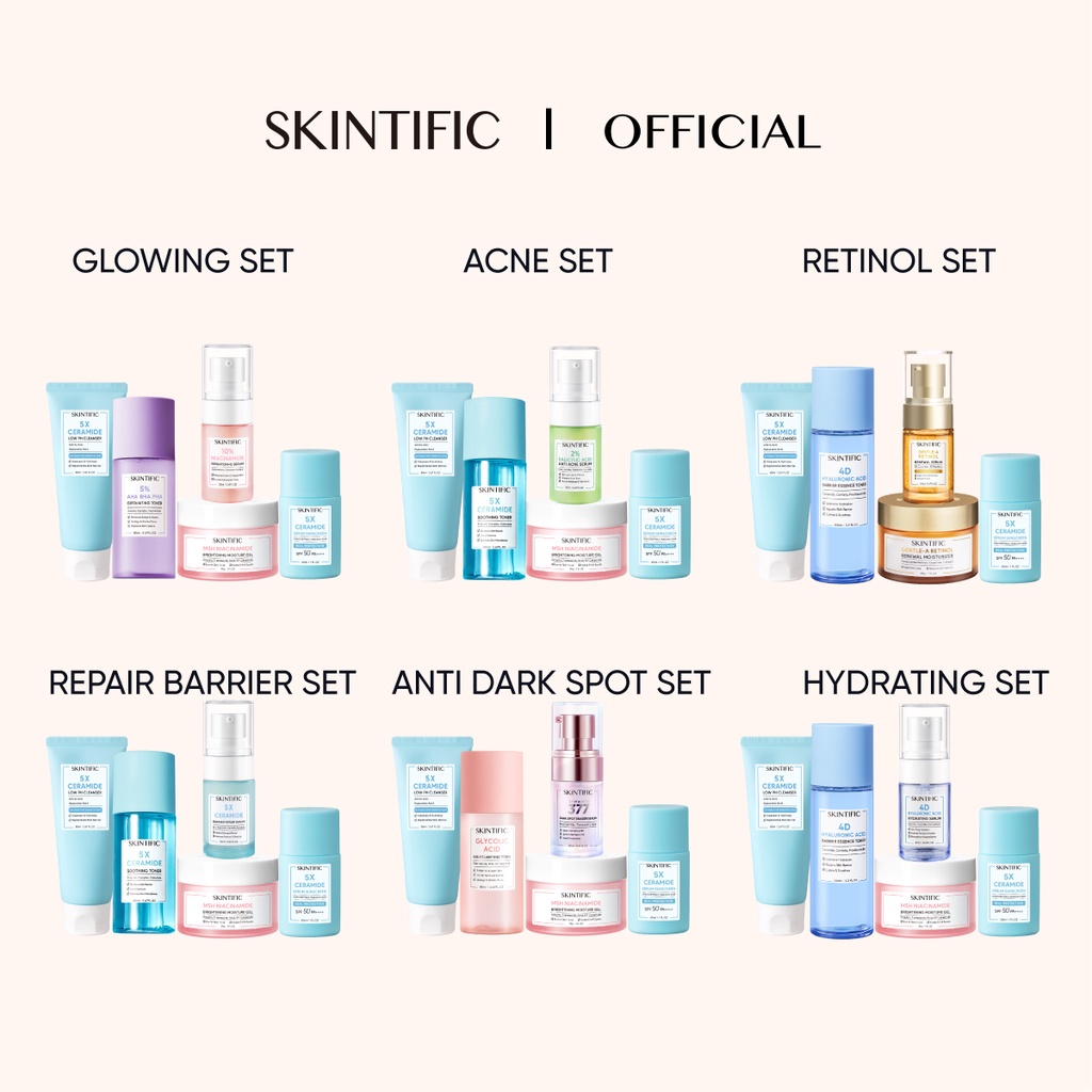 SKINTIFIC 5pcs Paket Skincare Sunscreen + MSH Niacinamide Moisturizer Gel + Low pH Cleanser + Exfoliating Toner / Soothing Toner + Brightening Serum / Anti Acne Serum / Barrier Repair Serum / Hydrating Serum