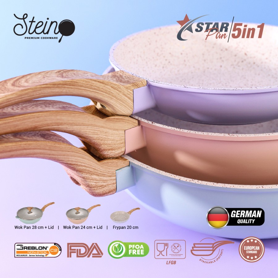 Panci Set Steincookware StarPan 5in1 Wok Frypan Star Tutup Kaca Stein Frypan Wok Stein Lid Wood Handle