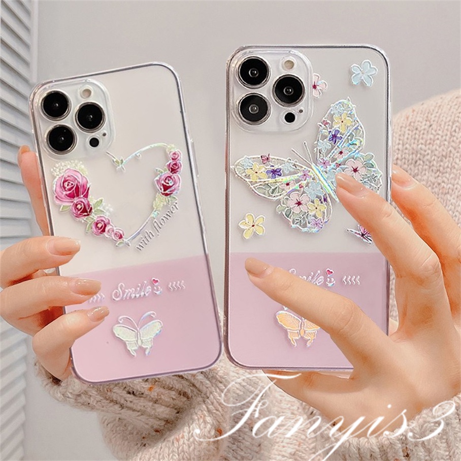 Compatible For iPhone 14 13 12 11 Pro Max X XR Xs Max 8 7 6 6s Plus SE 2020 Kompatibel Untuk Ins Bunga Kupu-Kupu Ponsel Case Bening TPU Lembut Cover Pelindung