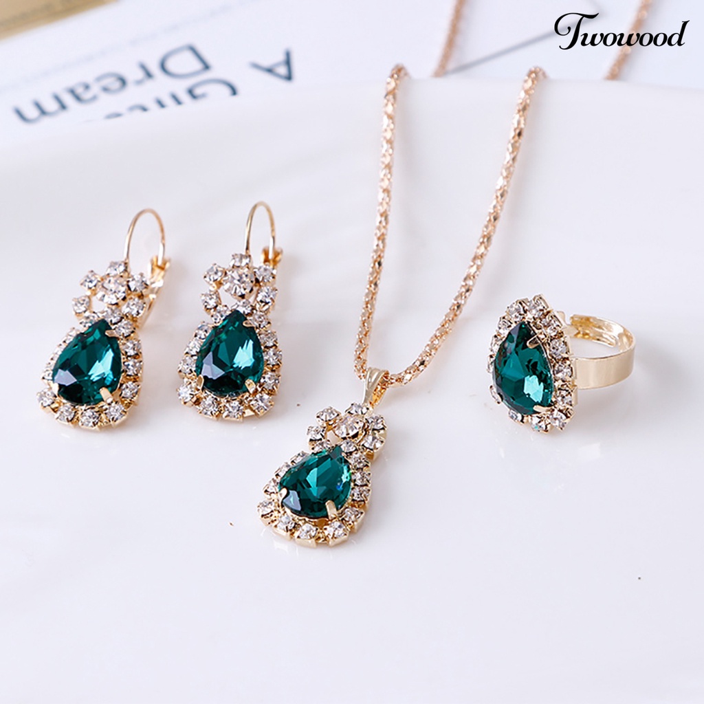 Twowood Set Perhiasan Eye-catching Mudah Senada Wanita Tetesan Air Berlian Imitasi Mengkilap Kalung Cincin Anting Untuk Pesta