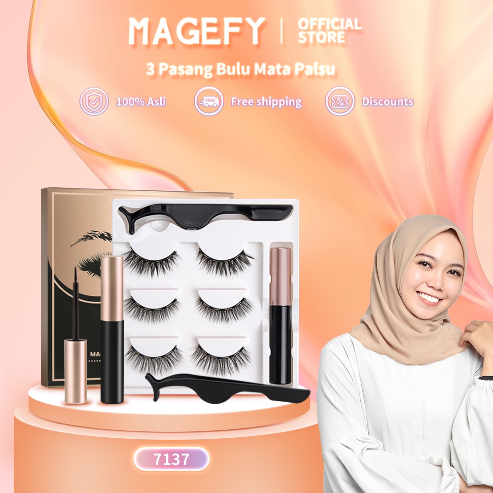 MAGEFY 3 Pasang/Set Bulu Mata Magnet 3D Bulu Mata dengan Alat 7137