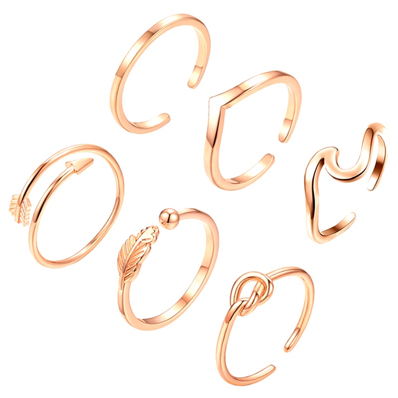 6pcs/set Cincin Gelombang Simpul Panah Untuk Wanita Adjustable Stackable Thumb Open Rings Perhiasan Liburan Musim Panas