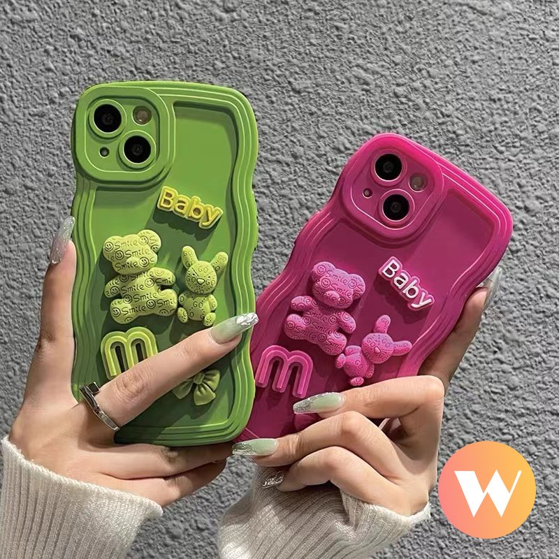 Case Warna Permen Padat Sederhana Kompatibel Untuk iPhone 7Plus 8 14 Plus 11 13 12 14 Pro Max X XR XS Max Boneka 3D Mewah Kartun Beruang Lucu Busur Tepi Bergelombang Lembut Tpu Phone Cover