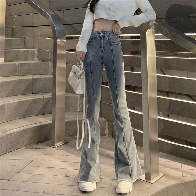Red RAW EDGE High Waist Jeans Wanita Slim Flare Celana Baru 2022 Slim Celana Musim Semi dan Musim Gugur All-Match Celana Chic