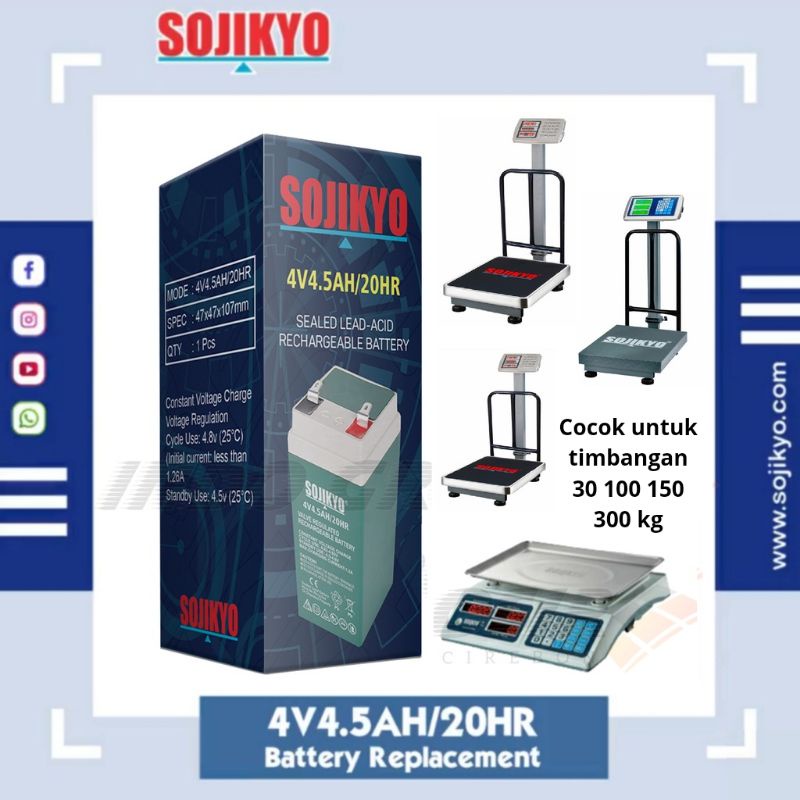 SOJIKYO Baterai Timbangan 30 100 150 300 kg Digital 4V4.5AH Aki Accu Kering Batre Battery Timbangan Buah Sayur Tepung Model Meja