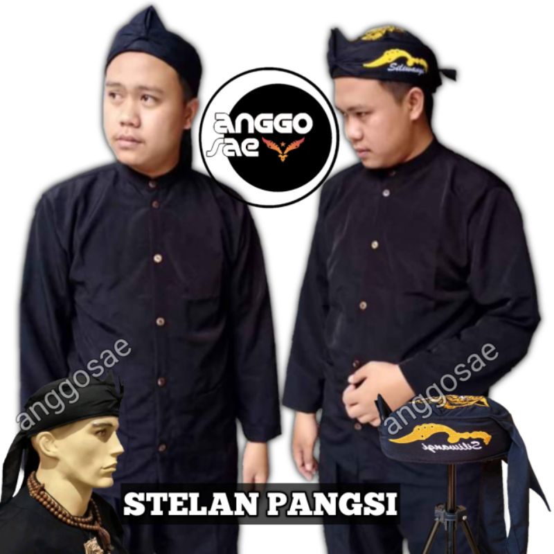 Stelan Baju Pangsi Dewasa BSY Bendo Bordir Kujang Macan Siliwangi Totopong Sunda Hitam Polos Makuta wangsa Udeng Sunda Blangkon Sunda Baju Adat Budaya Sunda