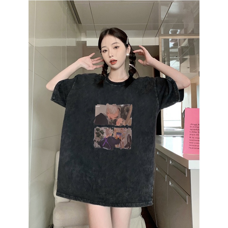 Kaos oversize hitam oversize lengan pendek Cartoon washed baju wanita  graphic print T-shirt/oversize tshirt/kaos hitam oversize wanita