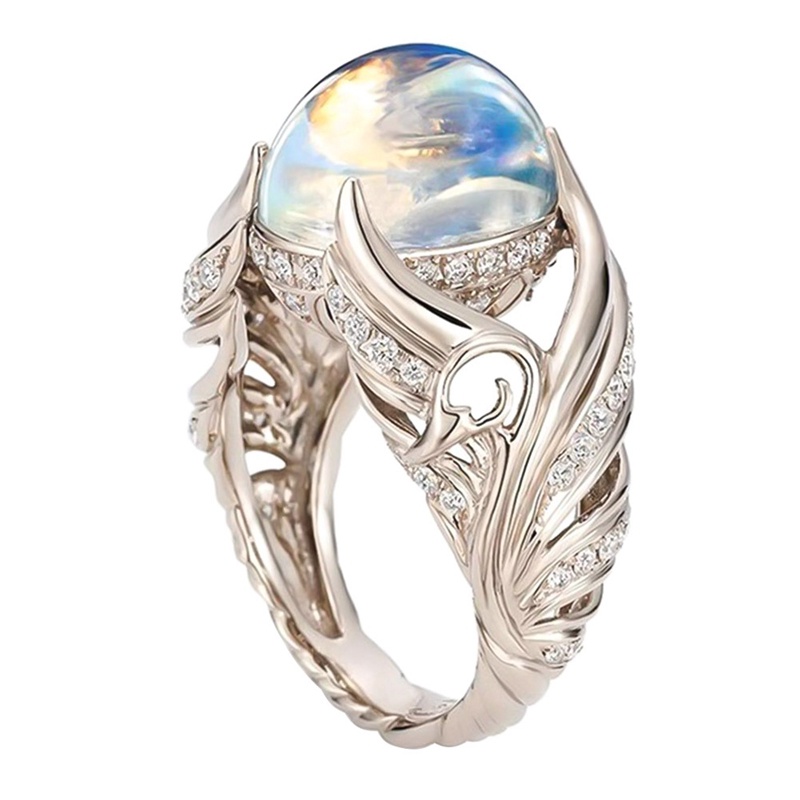 Indah925 Sterling Silver Cincin Sayap Malaikat Pernikahan Band Menawan Moonstone Berlian Perhiasan Aksesori Kasual Hadiah Natal