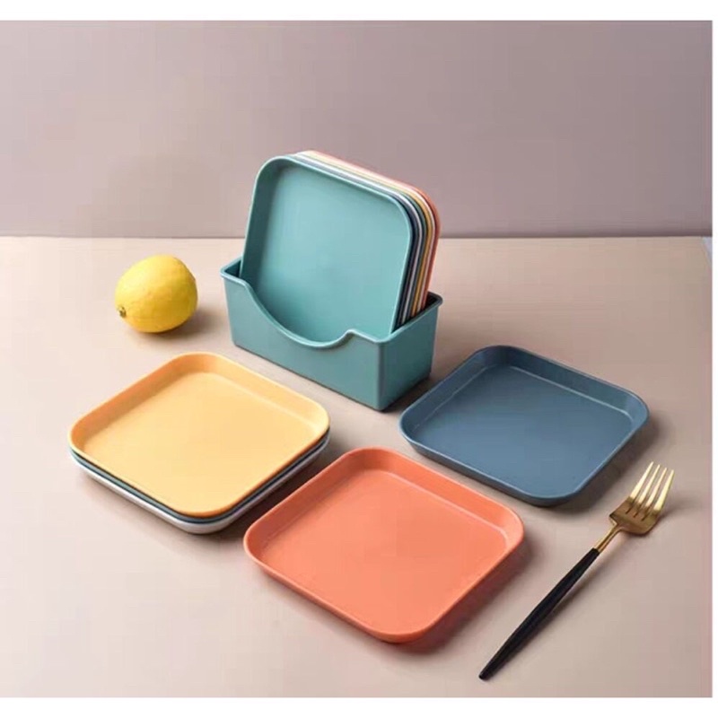 PIRING SET 8 IN 1 WARNA PASTEL (8 piring 1 wadah ) / piring snack & kue bisa COD