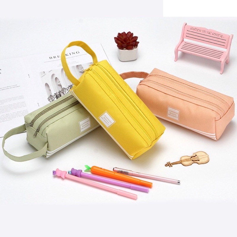 Bisa COD Kotak Pensil Stationery Dual Zipper / Dompet Pensil 2 Pouch Pencil Bag Large Capacity Tempat Pensil Polos Perlengkapan Kantor Kotak Pensil Sekolah Tempat ATK