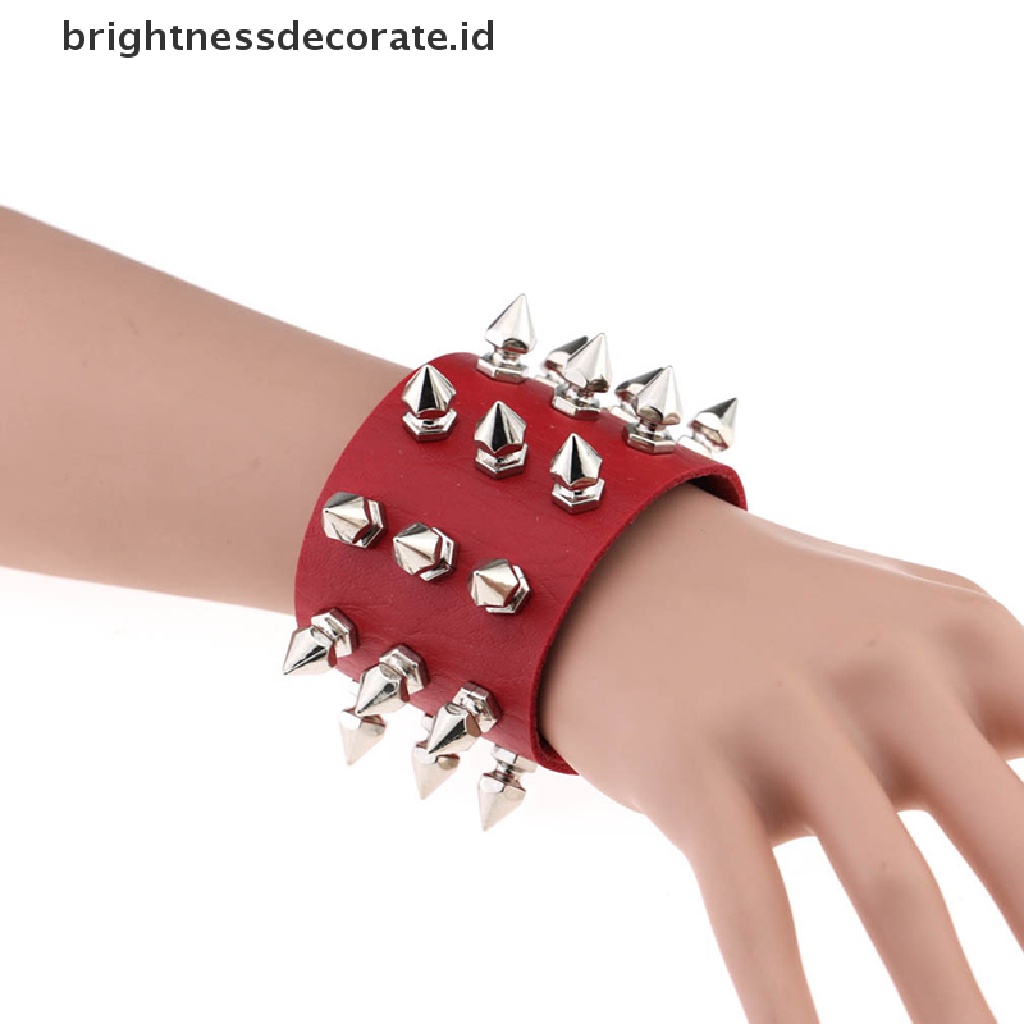 [Birth] Tiga Baris Rivet Stud Manset Lebar Kulit PU Punk Gothic Rock Gelang Hadiah [ID]