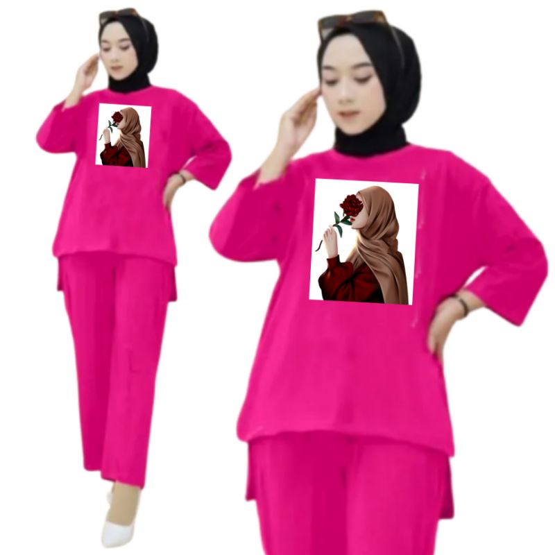 Setelan Kaos Wanita Dewasa Oversize Ld 130 cm Terbaru 2023 Viral Gambar DTF Bahan Kaos Babyterry Tangan 3/4 dan Celana Panjang One Set Wanita Dewasa Jumbo Kekinian Atasan Baju Wanita Dewasa Big Size Stelan Baju Wanita Santai Cewek Mawar