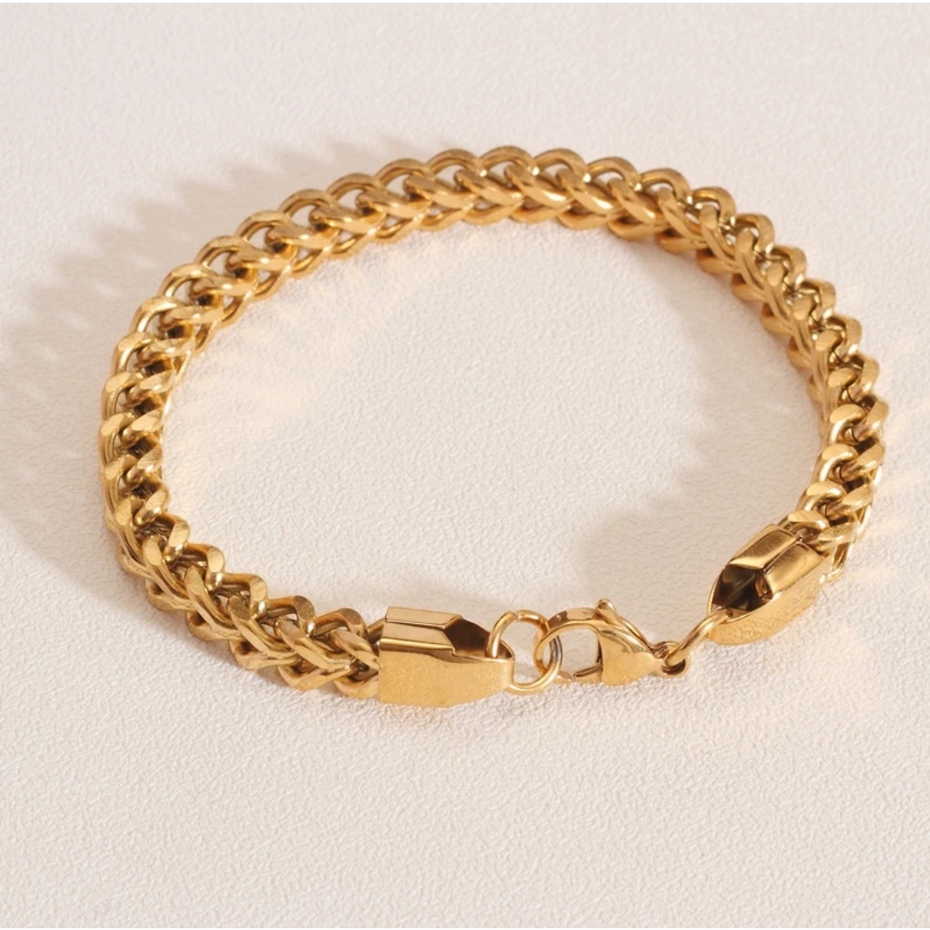 Gelang Unisex  (Untuk Wanita dan Pria) Rantai Gandum Tali Baja 4mm Warna Gold