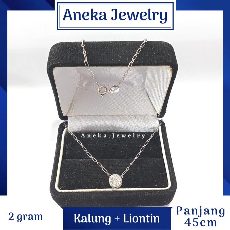 Kalung PaperClip + Liontin Bulat Full Mata, Sepuh Emas Putih, Perak 925