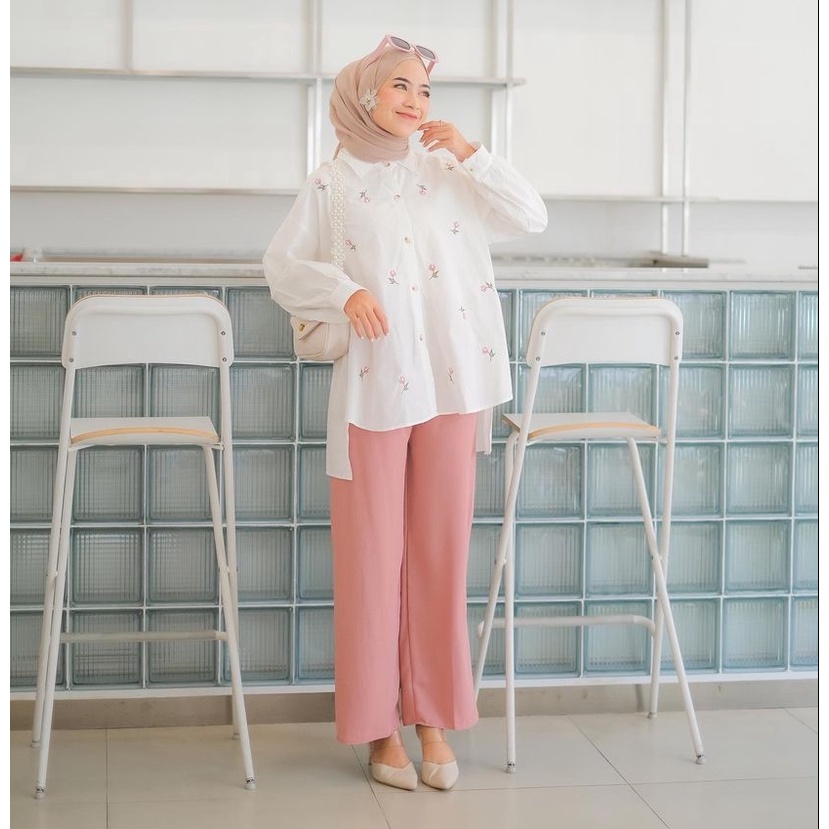 Nancy Flower Shirt | Kemeja Katun Adem Nyerep Keringet Bordir Kerja Simple Bunga | Katun premium bunga