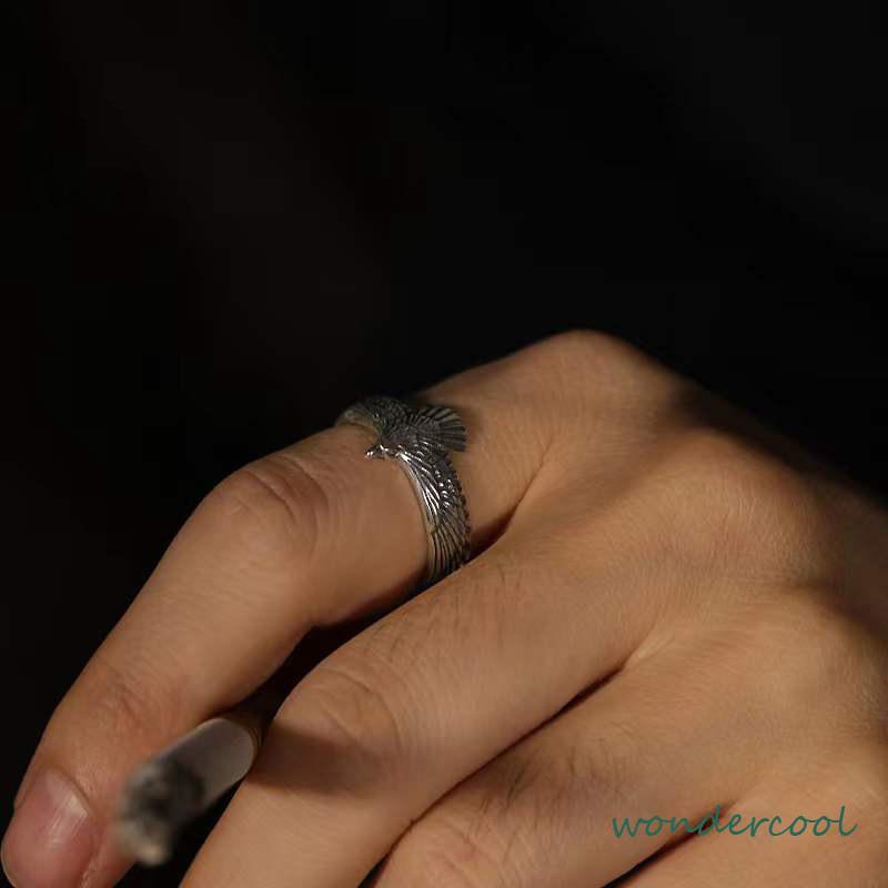 1PCS Cincin Perak Terbuka Thailand Vintage Elang Bulu Cincin Indeks Dapat disesuaikan-Won