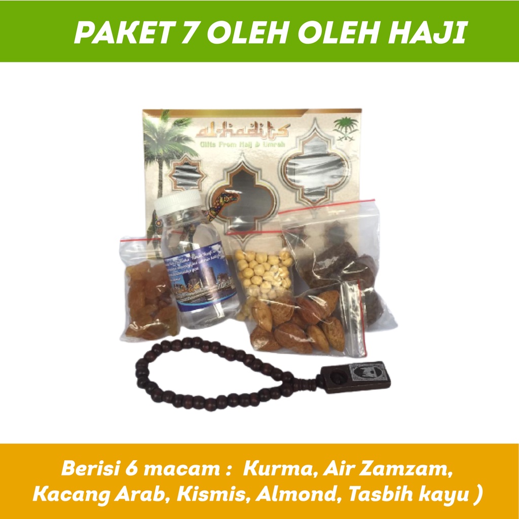 Paket 7 Oleh Oleh Haji Umroh Souvenir Kardus Isi Air Zam Zam 80ml Kurma Kismis Kacang almond + Tasbih