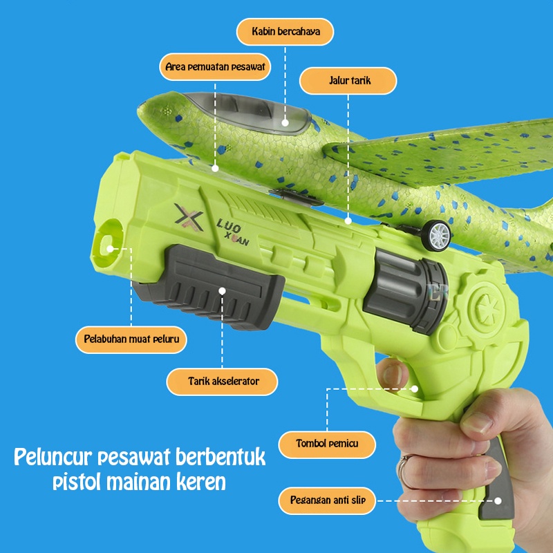 LNR Shop Mainan Peluncur Pesawat Terbang Busa EPP 3 in 1 Jarak 6 - 10 Meter + Pistol Menembak Dengan Lampu LED 2 Mode Terbang Satu Tombol Ejeksi Simulasi Outdoor