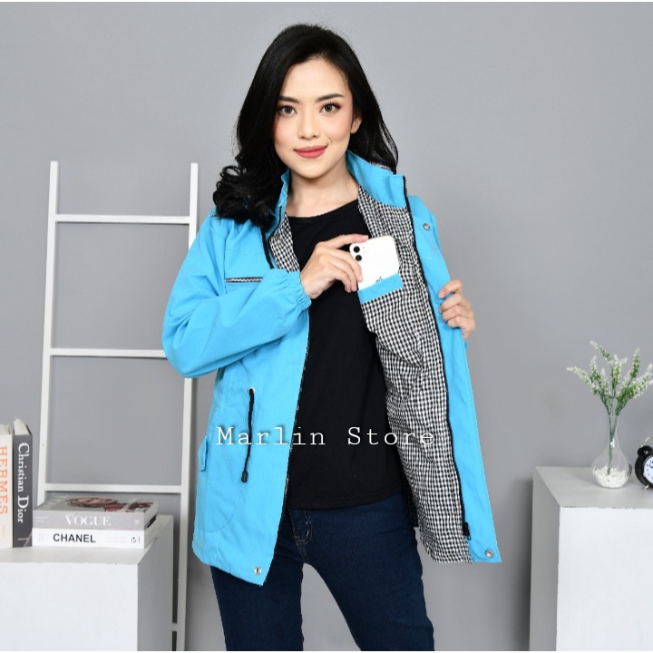 Jaket Kanvas Wanita Oversize Jumbo Korean Style Tebal Baby Canvas Bolak Balik Ukuran M Sampai 4XL