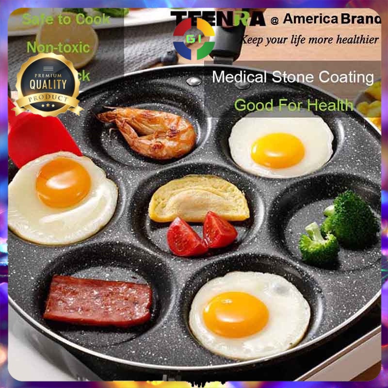 Teflon Panci Telur Omelet Anti Lengket Egg Fyring Pan Non-stick 4 Holes Black