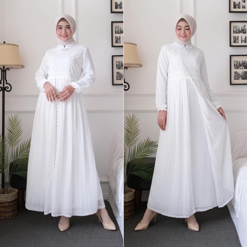 GAMIS  PUTIH WANITA TERBARU BRUKAT POLOS BUSANA MUSLIM GAMIS MEWAH 2022 TERBARU LEBARAN