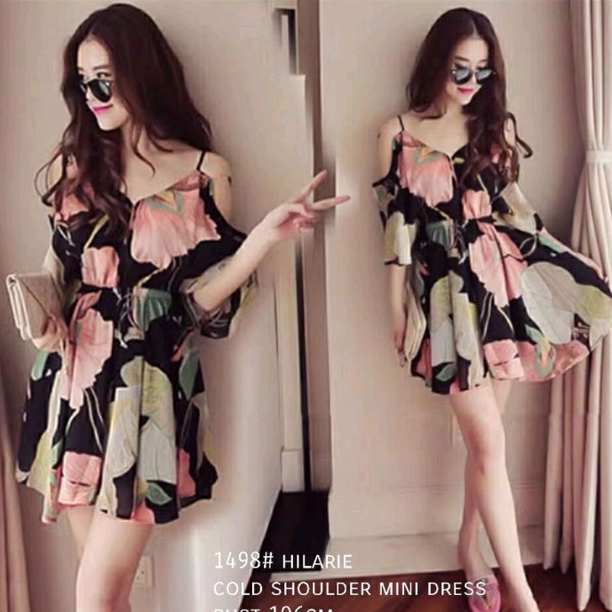 1498 Baju minidress mini dress gaun COLD SHOULDER lengan bolong Sabrina pinggang karet dres Korea Ko