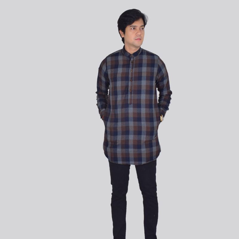 Baju koko Shanghai Flanel Pria Lengan Panjang Slimfit Kurta Pakistan