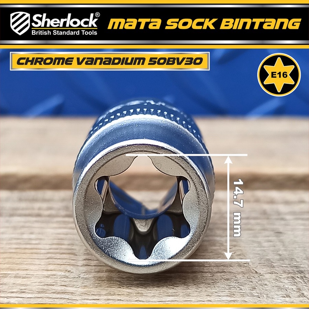 Kunci Shock Bintang Sok E16 1/2 inch Drive Star Socket Sherlock