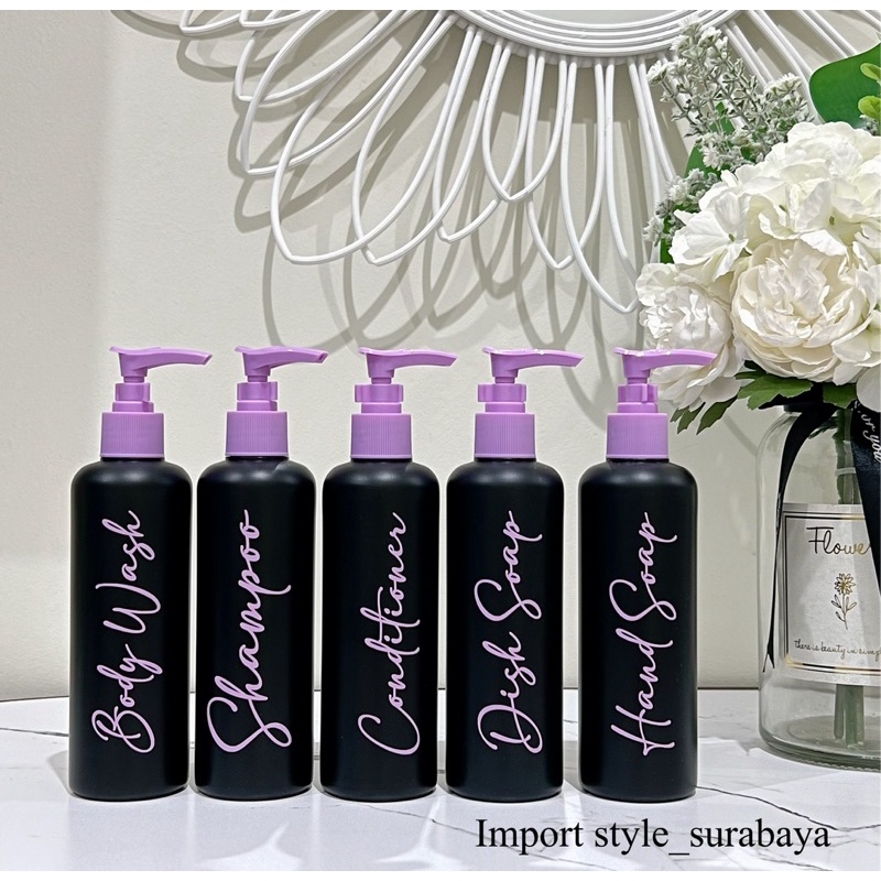 botol HITAM DOFF 250ML stiker LILAC / UNGU . aesthetic tempat sabun mandi cair aestetic bottle refill isi ulang estetik