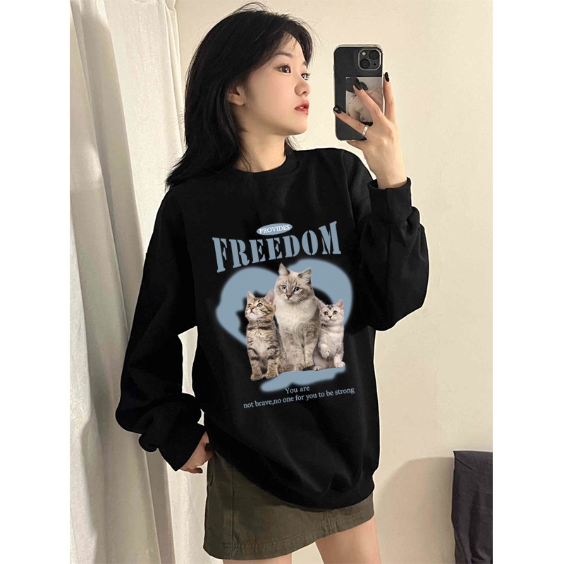 Kaos Stasan Wanita Oversize Couple Sweater American Vintage Cartton Cat Cartoon Graphic Priting Top Kekinian Casual Sweater