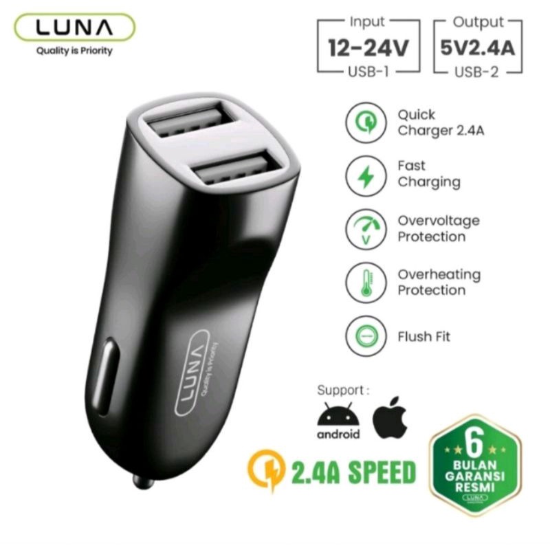 LUNA R1B4 ADAPTOR CHARGER MOBIL FAST CHARGER PLUG IN LUNA TYPE C 2 PORT 2,4 A