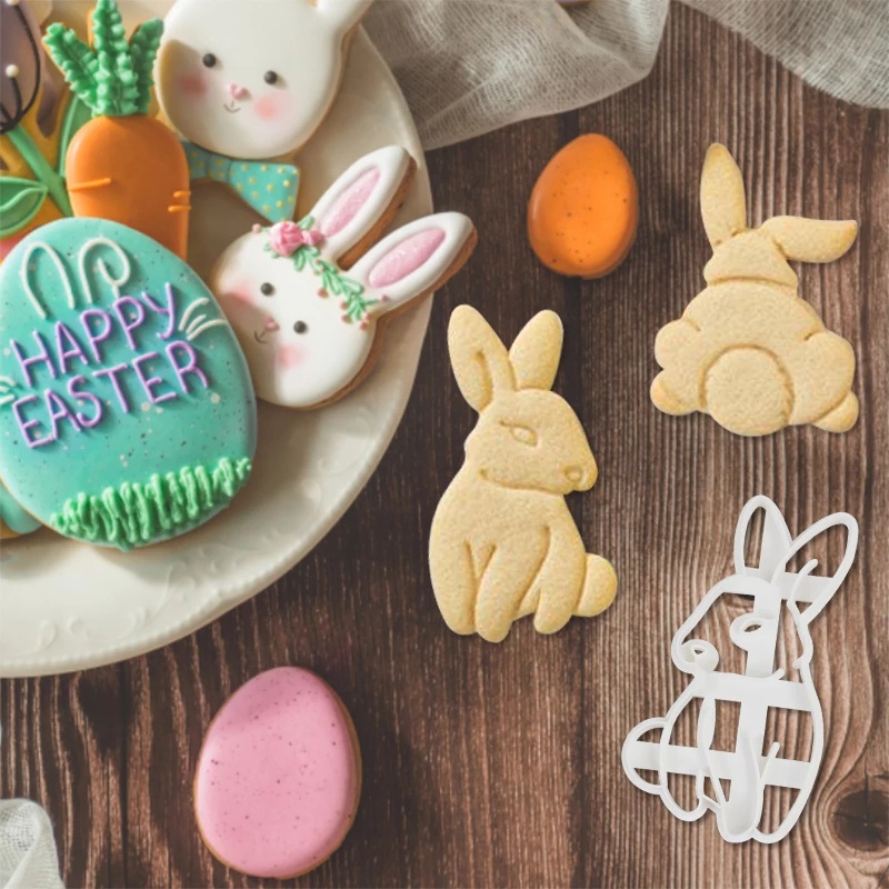 Paskah 3D Bentuk Kelinci Cookie Pemotong Timbul Bunny Plastik Fondant Biskuit Cetakan Pastry Baking Tools Kue Ulang Tahun Dekorasi