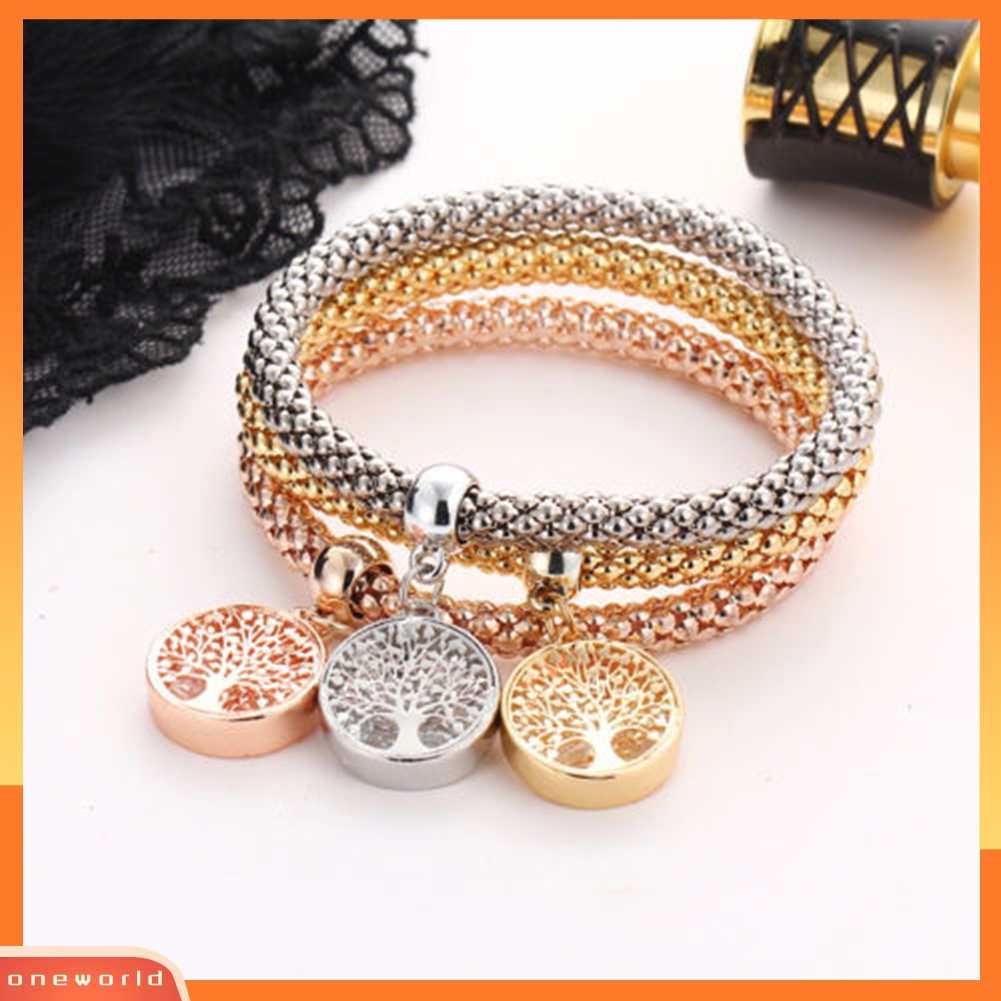 {oneworld} 3 Pcs/Set Wanita Fashion Burung Hantu Pohon Gelang Berlian Imitasi Liontin Bangle Perhiasan Hadiah