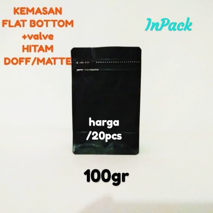 

Terlaris ✨ - kemasan kopi 100gr flat bottom +valve hitam doff (isi 20pcs) merk kpac 2.1.23