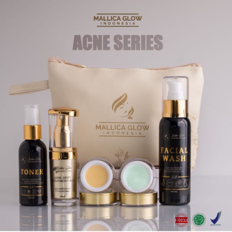 Mallica glow paket acne 5pcs, paket wajah jerawat, pori pori besar dan bopeng