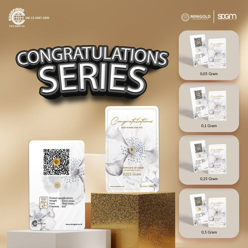 MINIGOLD Gift Series 0.025 Gram CONGRATULATIONS Kemasan PVC TERMURAH TERLARIS Emas Mini Emas Batangan Logam Mulia Murni 24 Karat Bersertifikat Resmi Asli Original Tabungan Emas Souvenir Keren Mewah