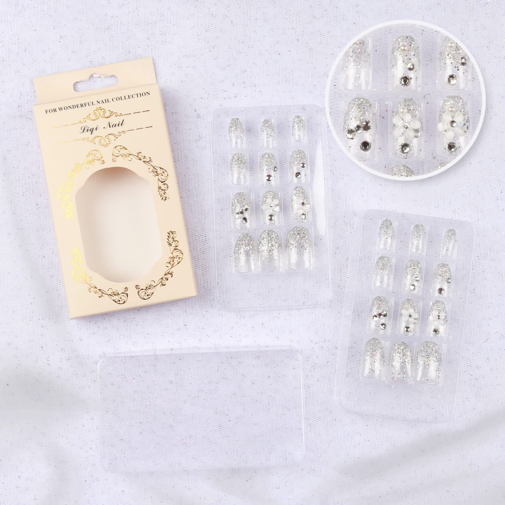 Wedding party fake nail Clear Rhinetone Flower Kuku Palsu 3D + LEM dibalik kuku