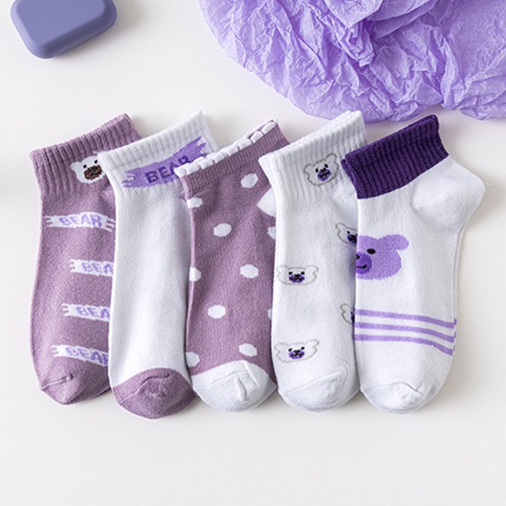 ☀INDOLAND☀ Kaos Kaki Pria Wanita Motif Beruang Ungu Kaos Kaki Pendek Fashion Korean Purple Bear Socks Import KK030